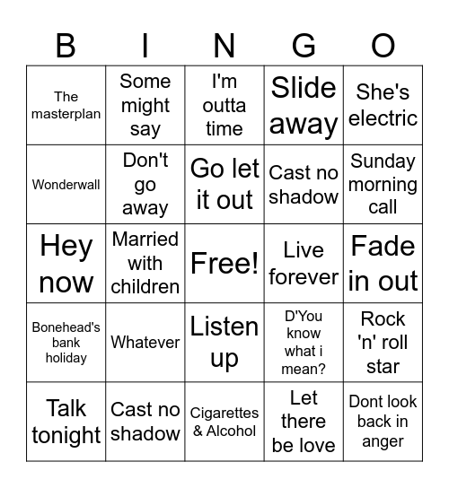 Not Oasis Night Bingo Card