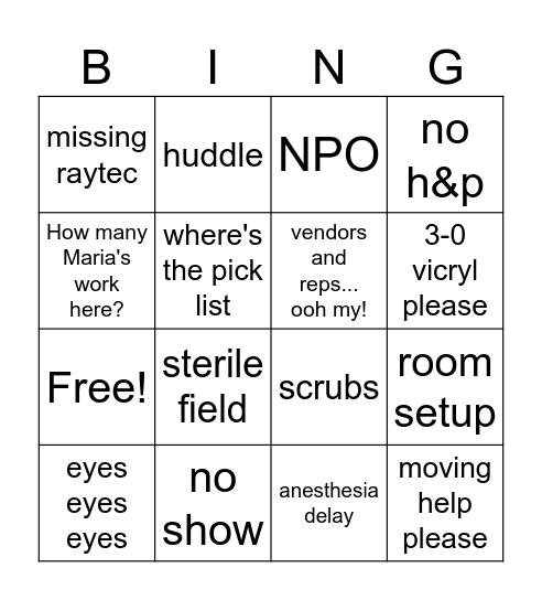 Pre- op Bingo Card