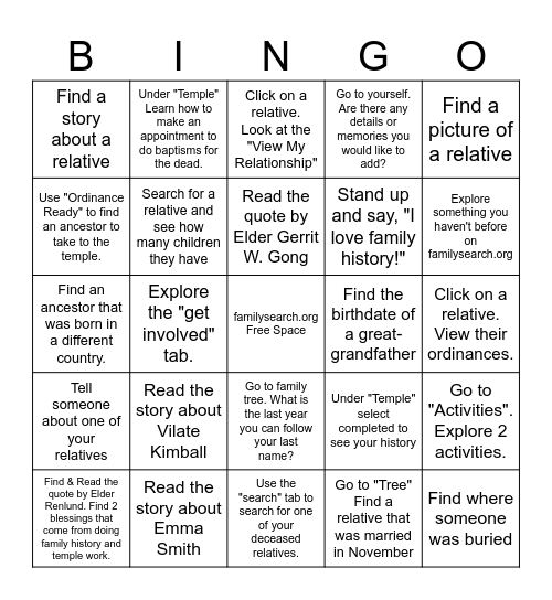 Family History/Temple Service Bingo Card