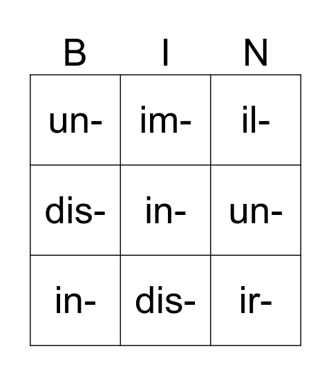 Negative Prefixes - Adjectives Bingo Card