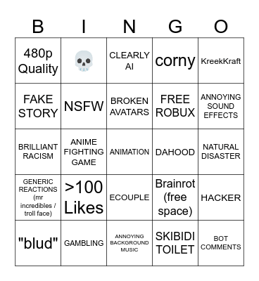 Roblox shorts bingo Card