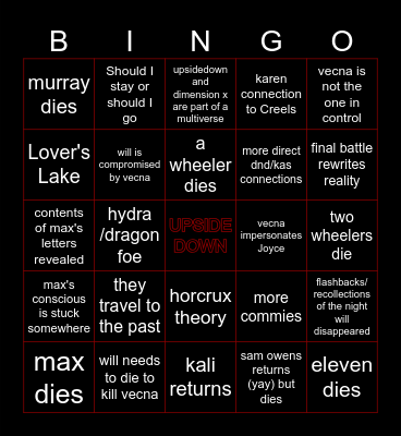 stranger things 5 Bingo Card