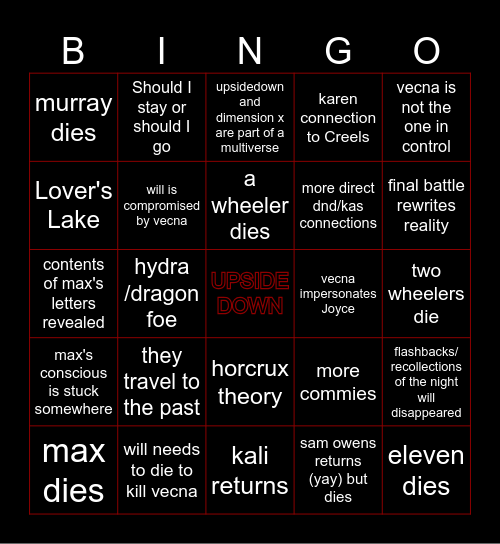 stranger things 5 Bingo Card