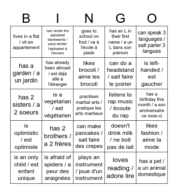 Find someone who/ trouve quelqu'un qui Bingo Card