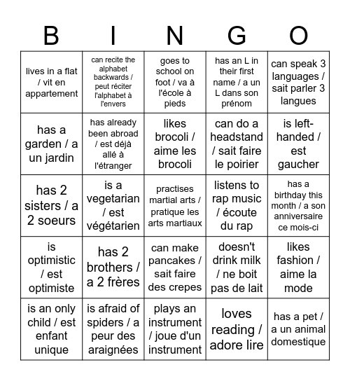 Find someone who/ trouve quelqu'un qui Bingo Card