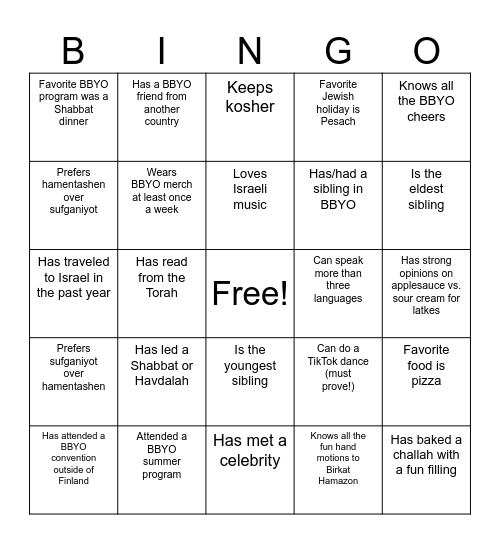 BBYO Board BINGO Card