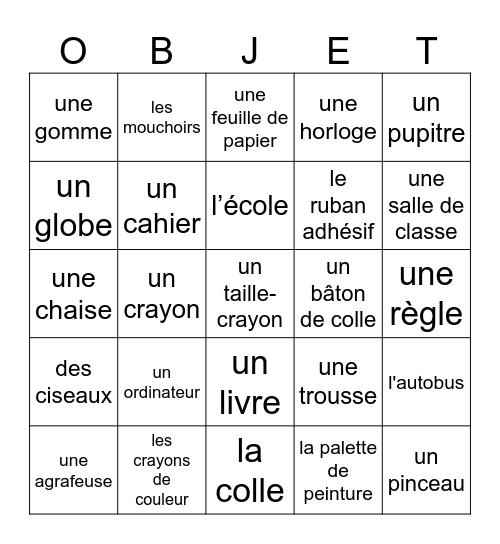 Les objets de la classe. Bingo Card