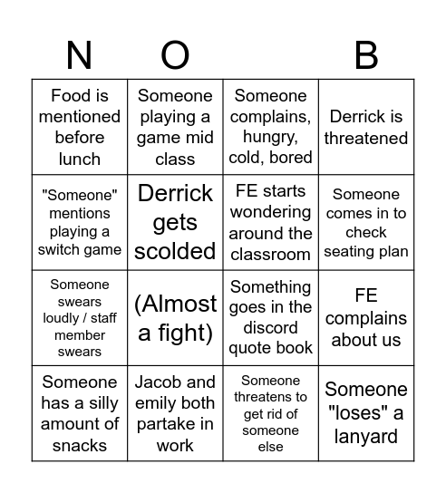 Non Biggy B Bingo Card