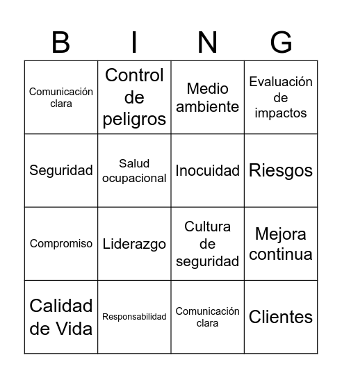 Política de Salud, Seguridad,  Medio Ambiente, Calidad e Inocuidad Bingo Card