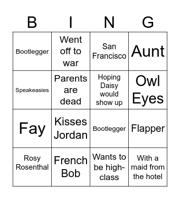 Gatsby Chapter 1-4 Bingo Card