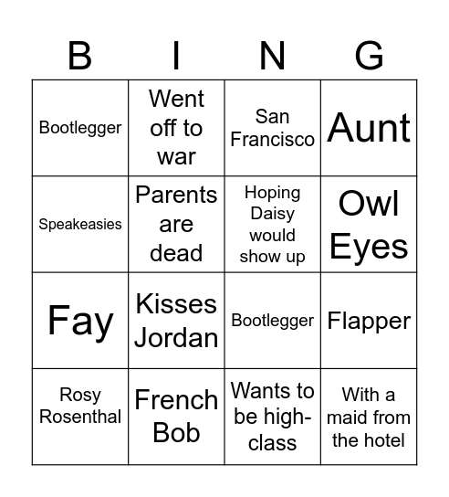 Gatsby Chapter 1-4 Bingo Card