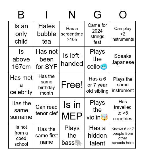 Strings Festival '25 Bingo Card