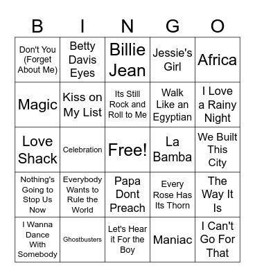 80s Back to the Future Beats Bingo Card