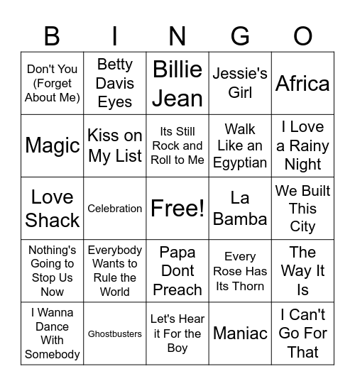 80s Back to the Future Beats Bingo Card