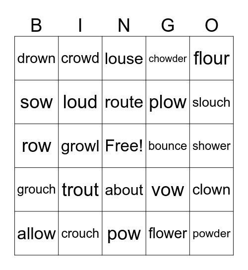 OU and OW Words Bingo Card