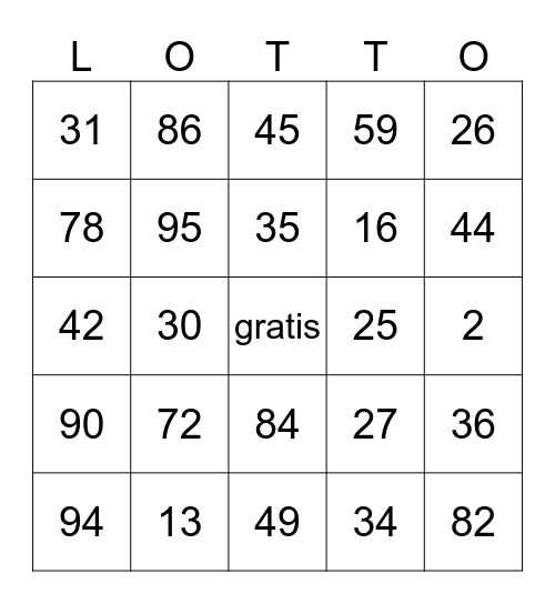 Numeros 0-100 espanol Bingo Card