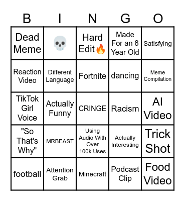 YouTube Shorts Bingo Card