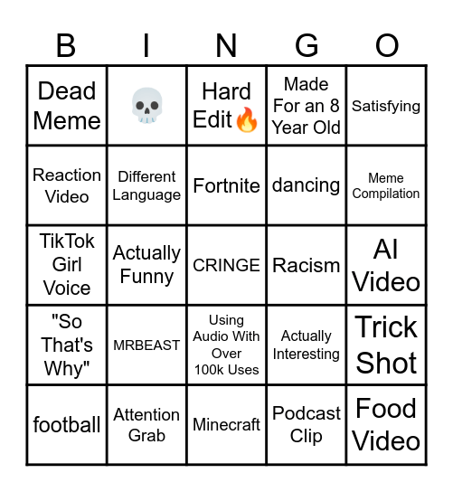 YouTube Shorts Bingo Card