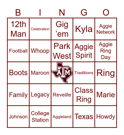 Kyla’s Aggie Ring Celebration Bingo Card