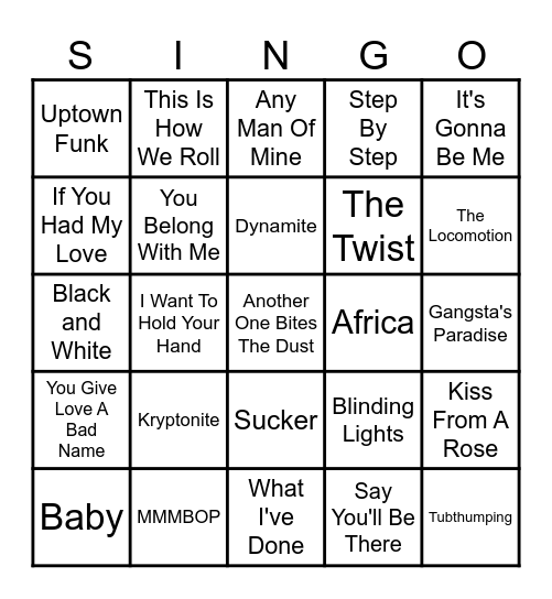 #1 Hits Songs Bingo Card