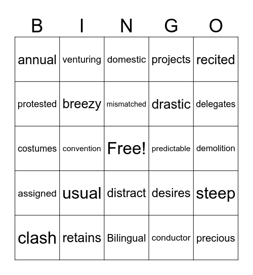 Vocabulary Bingo! Bingo Card