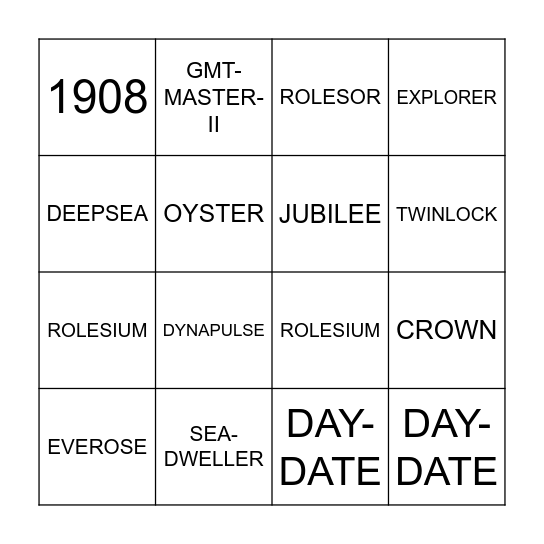 ROLEX Bingo Card