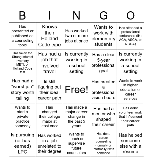 Career Counseling Bingo Card