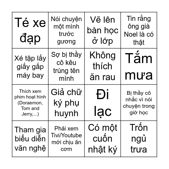 BINGO TUỔI THƠ Bingo Card