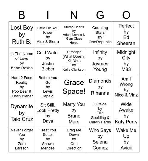2010's Music Bingo Card