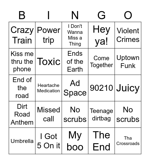 2025 Popular Songs Bingo Card