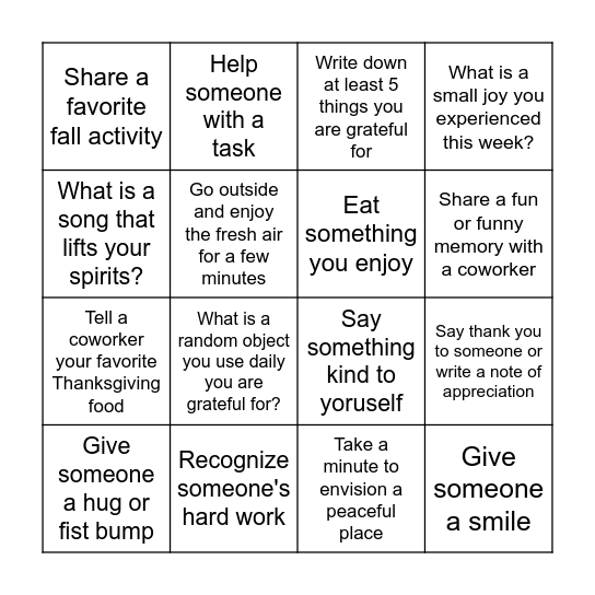 Gratitude Bingo Card