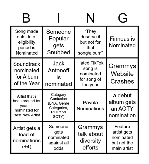 Grammy Nominations Bingo Card