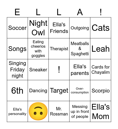 Ella's Bat Mitzvah Bingo Card