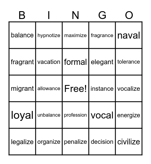 Suffix Bingo Card
