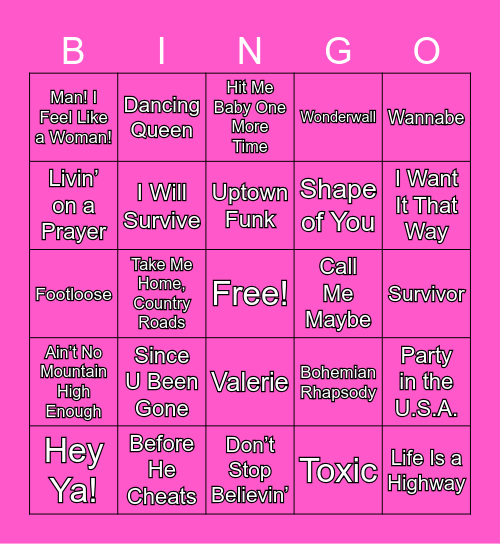 Road Trip Musical Bingo Card