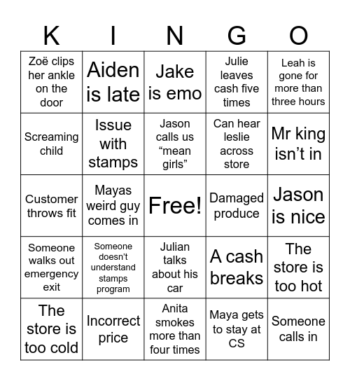 Friday at Kings Bingo Card