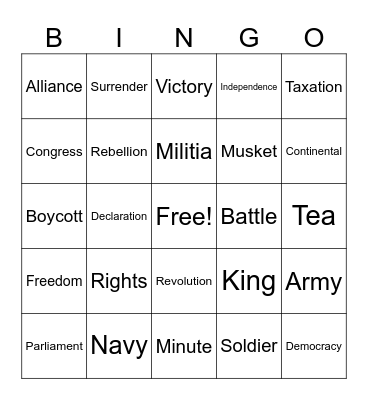 Revolutionary War Bingo Card