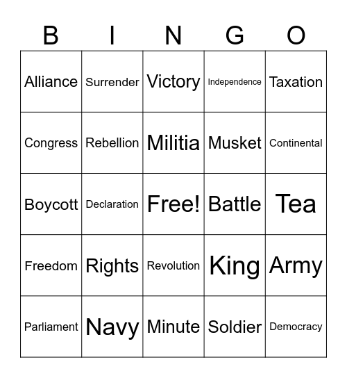 Revolutionary War Bingo Card