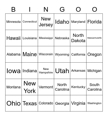 Fifty States Bingo Card