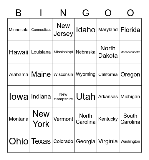 Fifty States Bingo Card