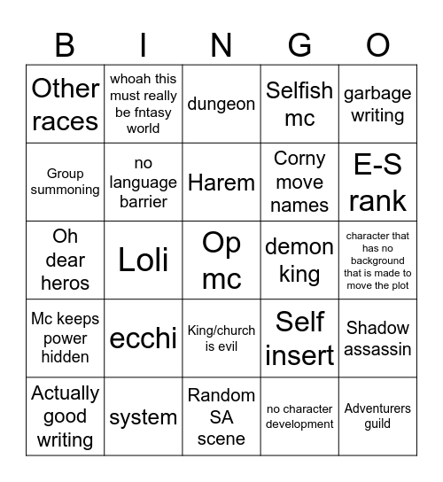 Isekai 1 Bingo Card