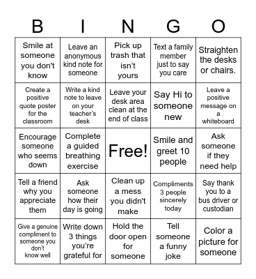 Acts of Kindness Bingo Card