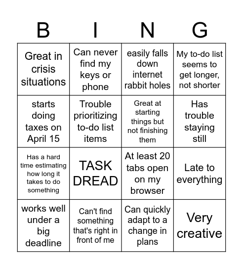 ADHD Bingo Card