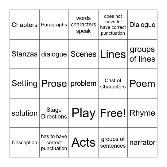 Poems, Dramas, and Prose Bingo Card