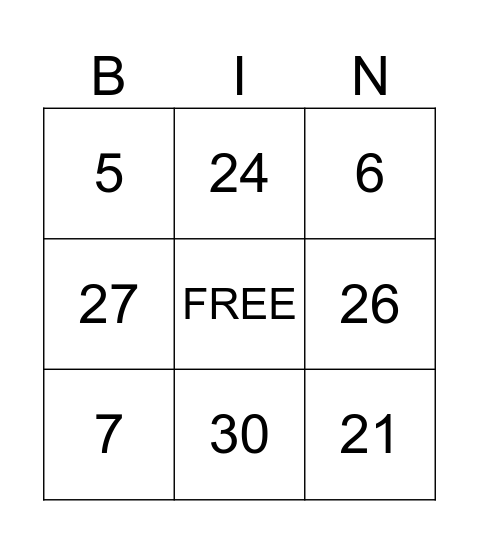 Numbers BINGO Card