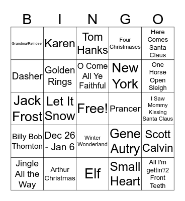 Christmas Song/Movie Bingo 2016 Bingo Card