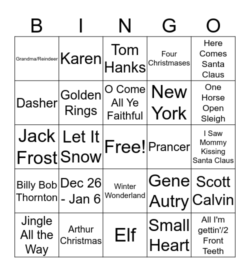 Christmas Song/Movie Bingo 2016 Bingo Card