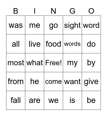 Sight Words Bingo Card
