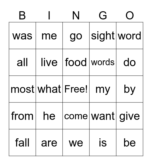 Sight Words Bingo Card
