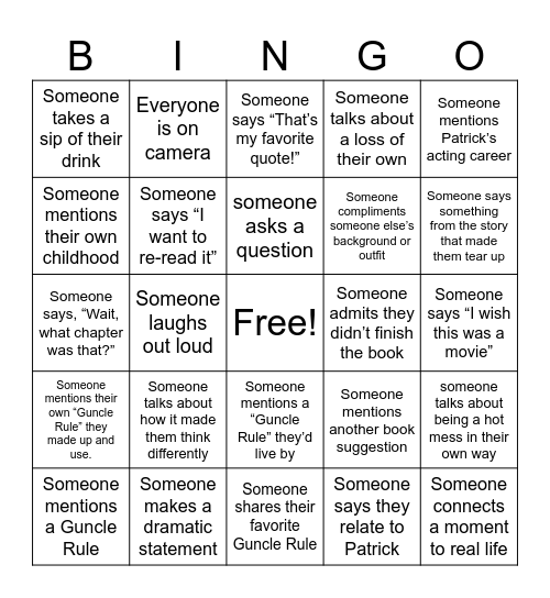 The Guncle Bingo Card